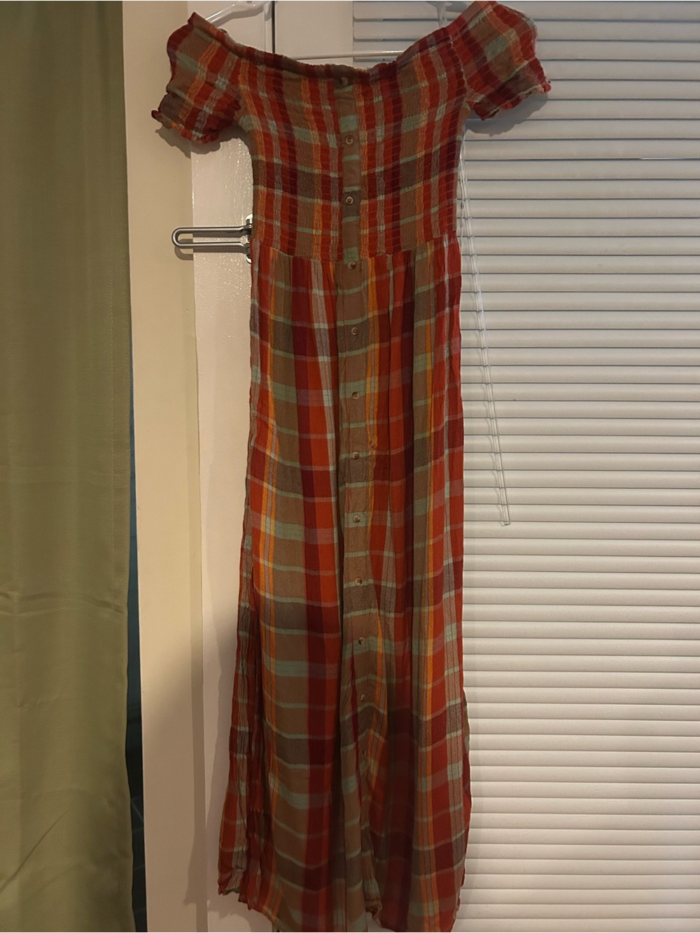 Urban Outfitters Orange Plaid Off-Shoulder Maxi Dress